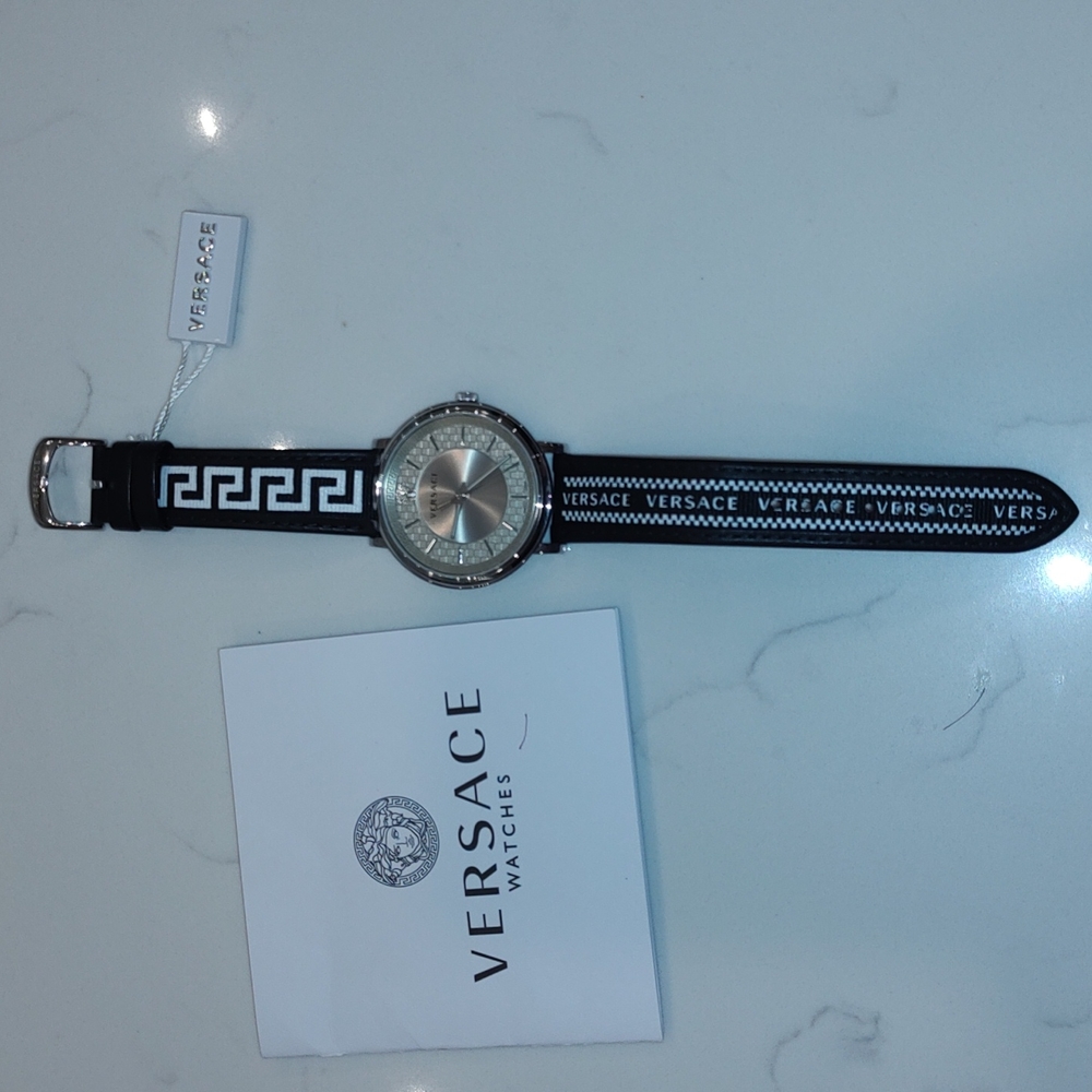 Versace men's V-circle Greca Edition leather strap watch 42mm
